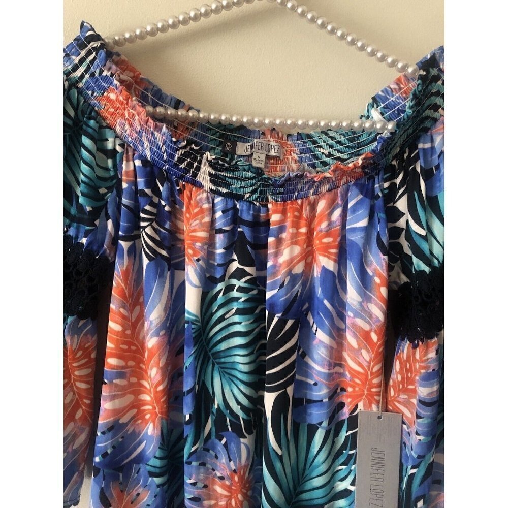Jennifer Lopez Womens Size Small Paradise Palms Off Shoulder Dress Crochet Trim — image 2 of 7